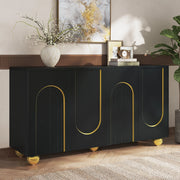 Credenza, mobile contenitore, ante con decorazioni ad arco in filo d’oro, piedini metallici sferici, nero