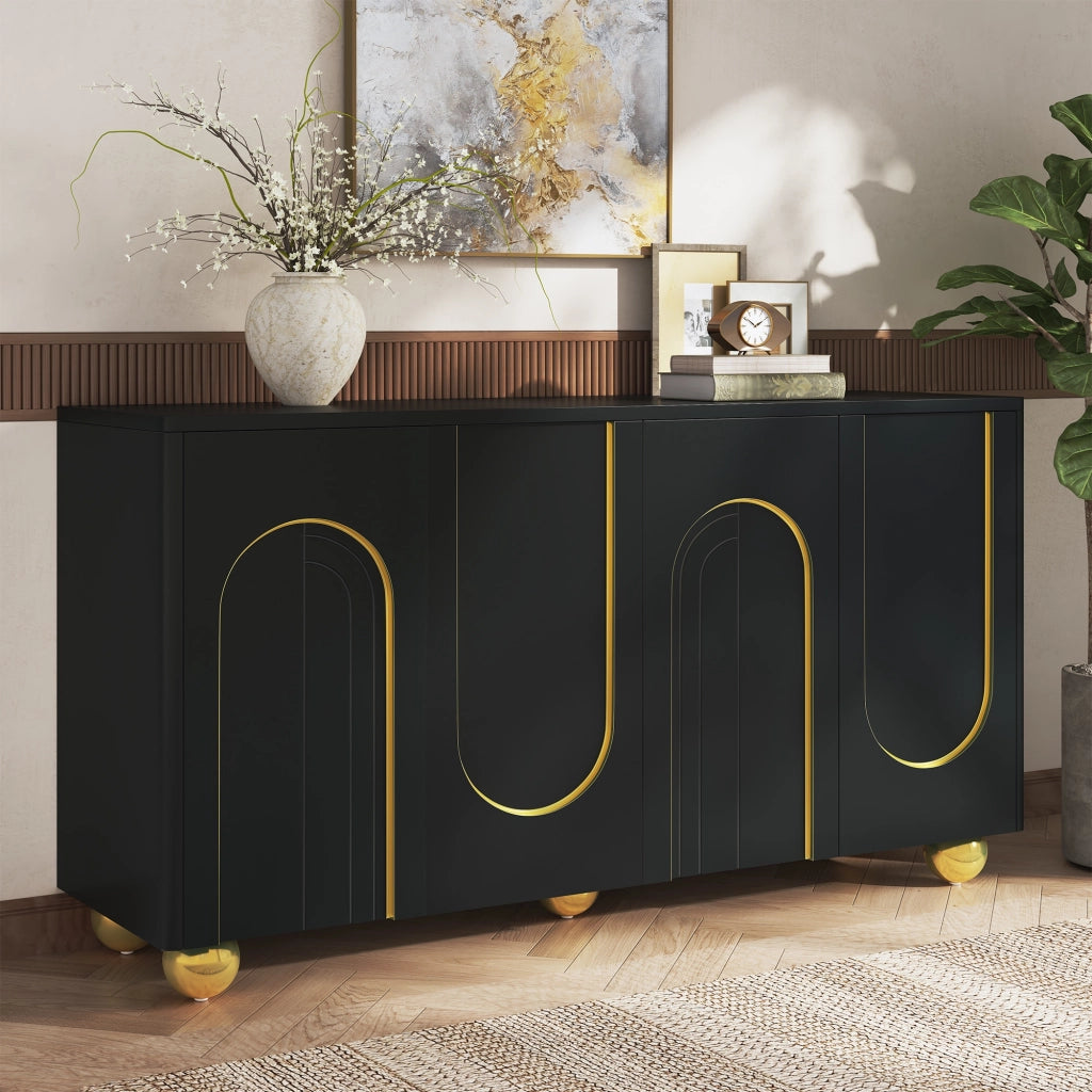 Credenza, mobile contenitore, ante con decorazioni ad arco in filo d’oro, piedini metallici sferici, nero