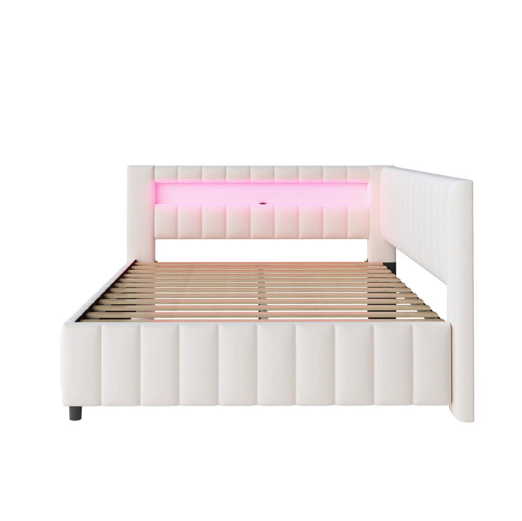 Divano letto 140x200 cm; LED e USB; velluto beige (Senza materasso)