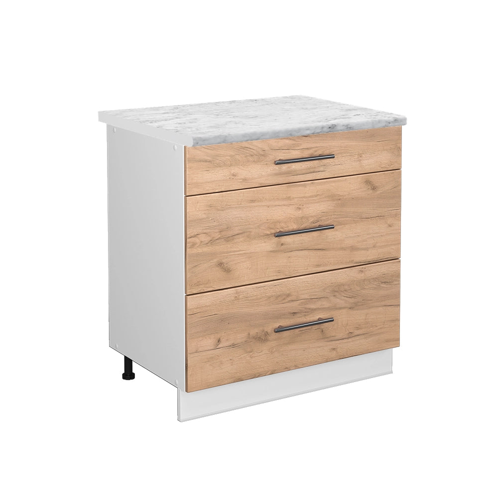Mobiletto base per cucina Fame-Line Rovere dorato/Bianco 80 cm con 3 cassetti, PL Marmo Vicco