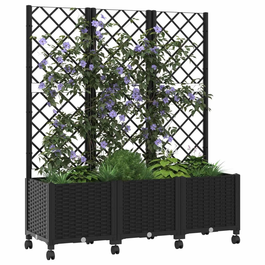 Vaso da giardino con grigliato e ruote Nero 120 x 40 x 146 cm 3423057