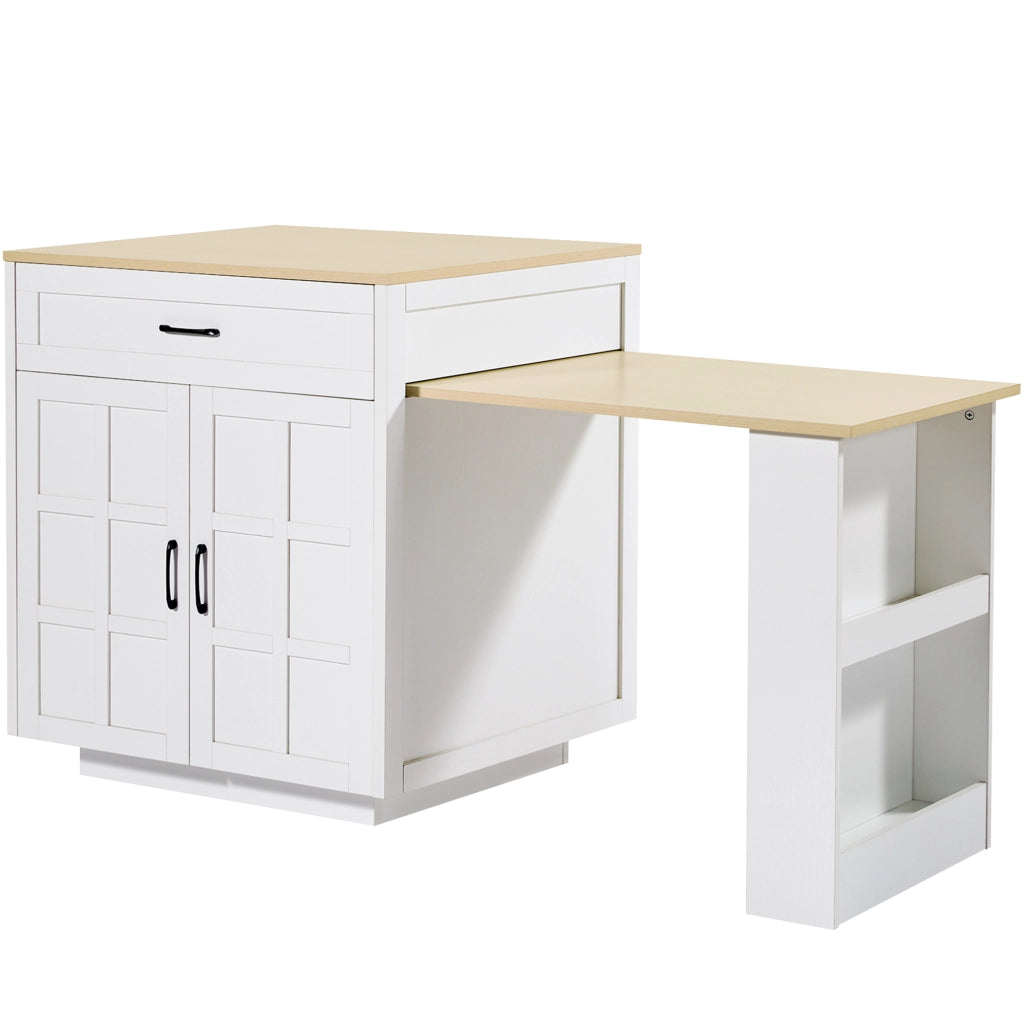 Tavolo bar allungabile con contenitore 133-202x70x93,5 cm, in MDF bianco, con cassetto e vani aperti
