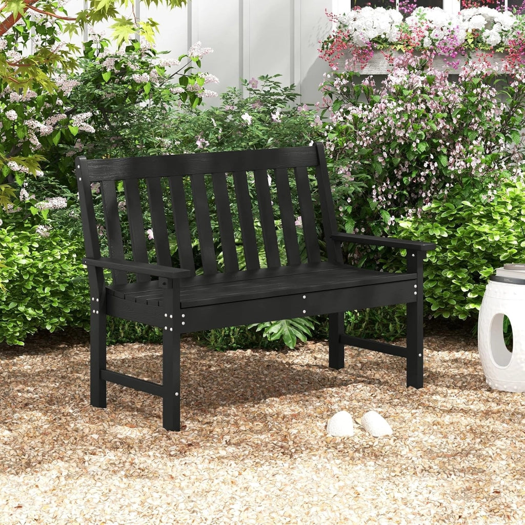 Panca da giardino a 2 posti, resistente alle intemperie, con schienale e braccioli, in HDPE fino a 300 kg, per balcone, giardino, terrazza, 132,5 x 62,5 x 91 cm (nero)