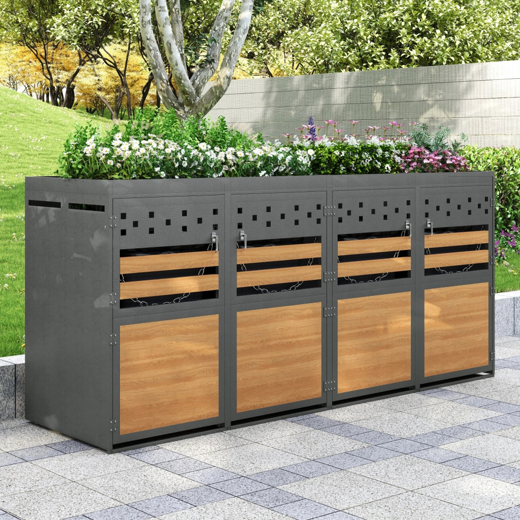 Box Porta Bidoni 4 Posti con Tetto Fioriera; Acciaio Zincato Antracite; Ante Effetto Legno; per Esterno