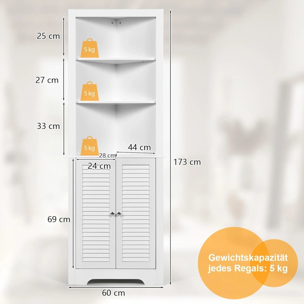 Mobile ad angolo, mobile da bagno indipendente con 3 ripiani aperti, mobile alto per bagno, camera da letto e soggiorno, mensola angolare 44 x 44 x 173 cm
