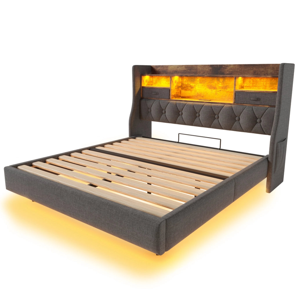 Letto matrimoniale 140x190 cm con LED e porta USB C; testiera con contenitore e rete a doghe; lino grigio