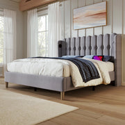 Letto imbottito 160x200 cm con ricarica USB+Type-C in lino grigio