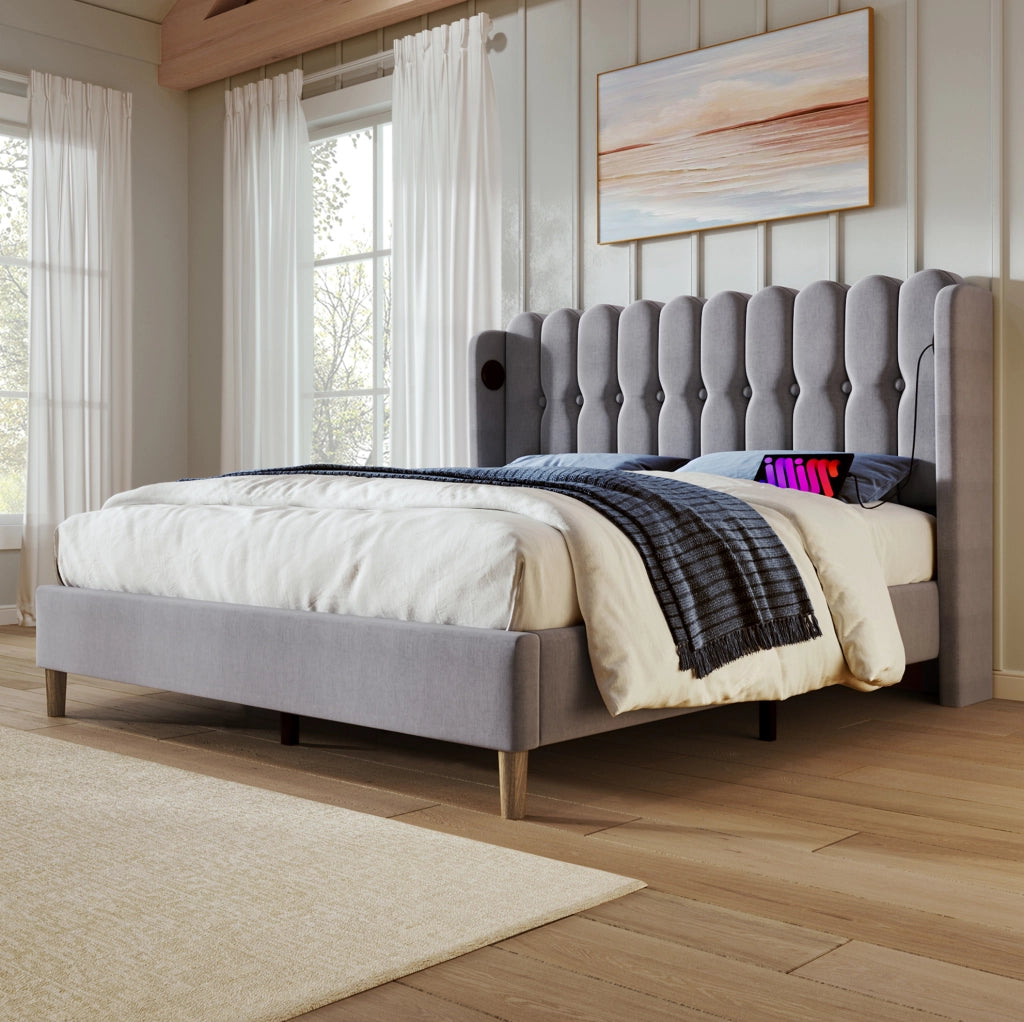 Letto imbottito 160x200 cm con ricarica USB+Type-C in lino grigio