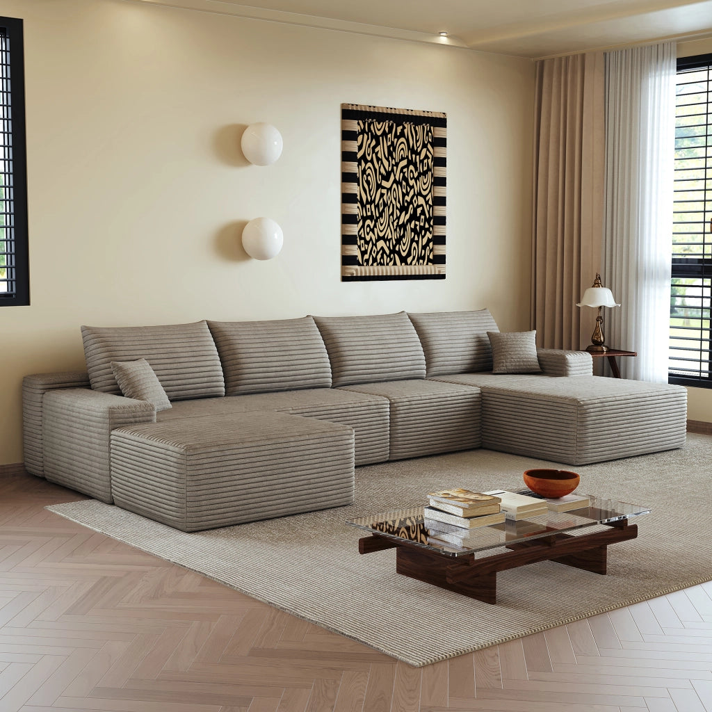 Divano angolare modulare con chaise longue a L in velluto a coste, senza montaggio, schiuma elastica, camel
