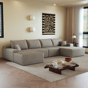 Divano angolare modulare con chaise longue a L in velluto a coste, senza montaggio, schiuma elastica, camel