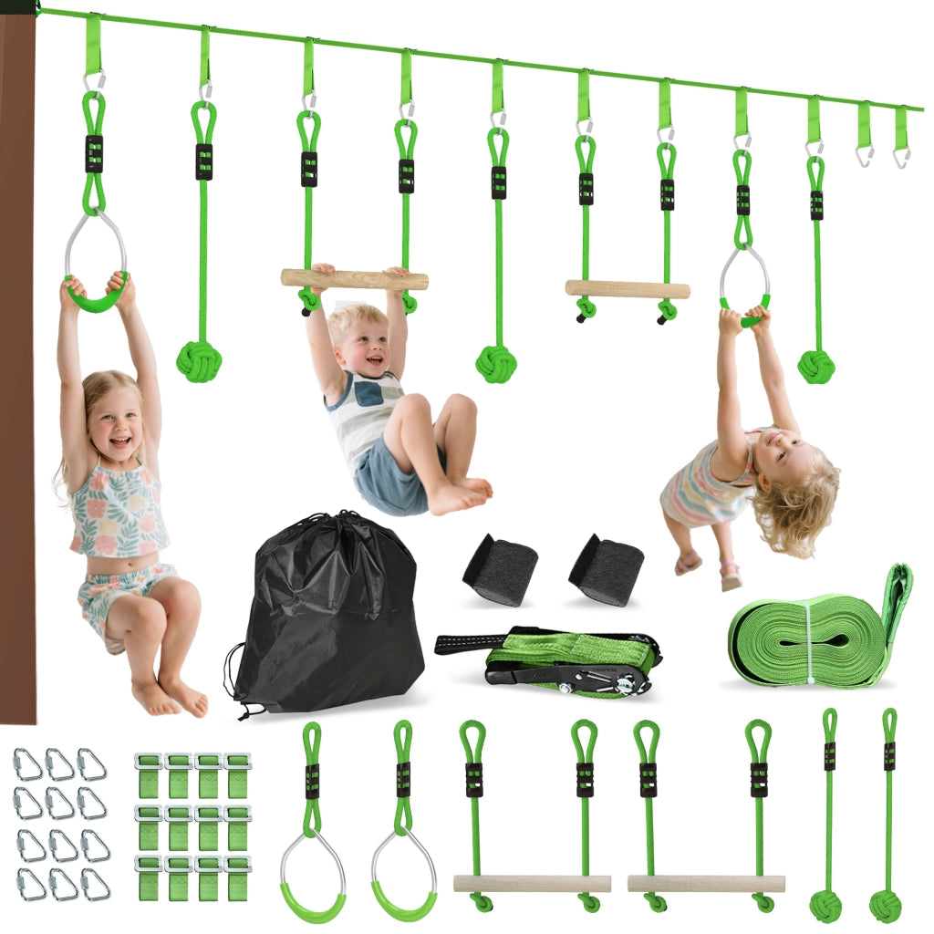 Set per percorso Ninja per bambini ¨C zephmum ¨C verde, 10m, 7 pezzi, 50kg