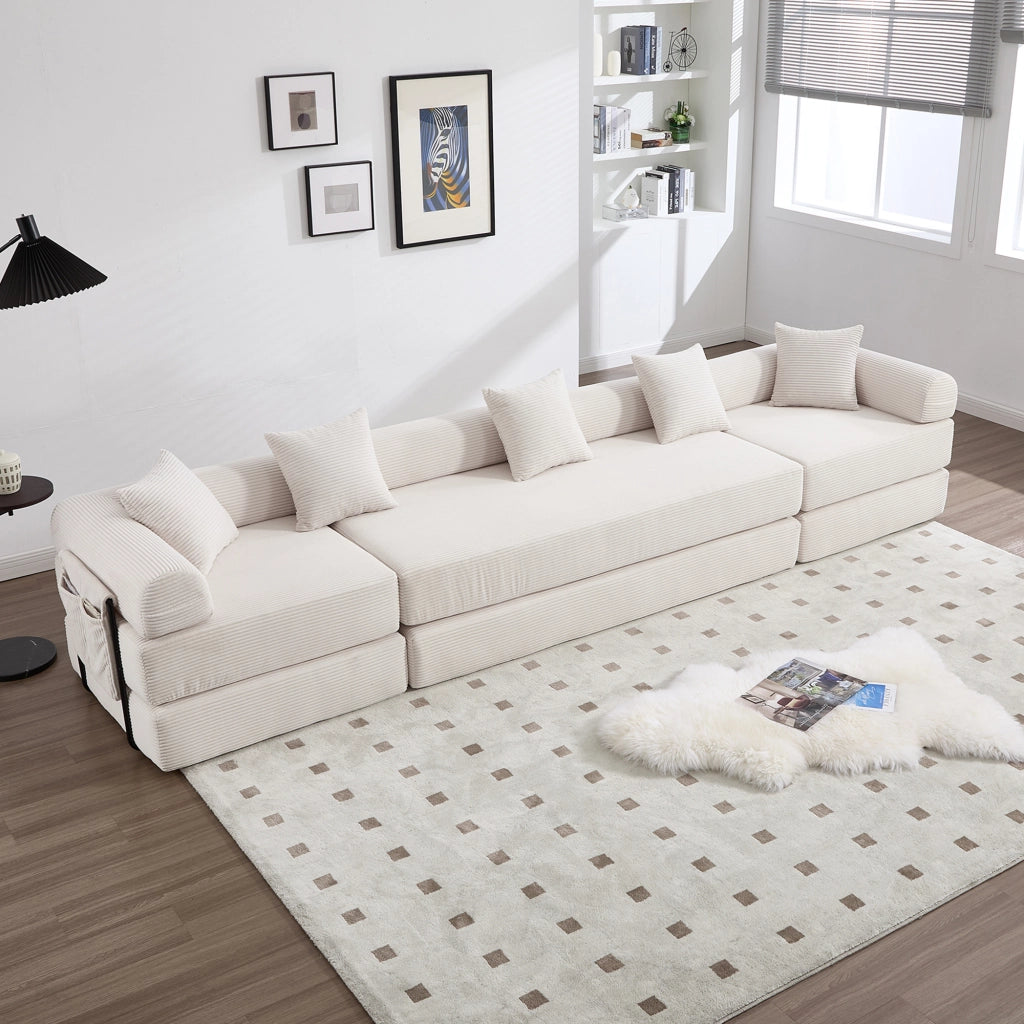 Divano modulare in velluto a coste con tasca laterale e funzione letto per soggiorno beige