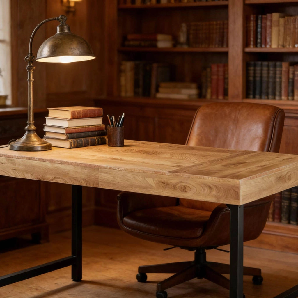 Scrivania da ufficio in stile rustico con piano in MDF e gambe in metallo nero, 140 cm