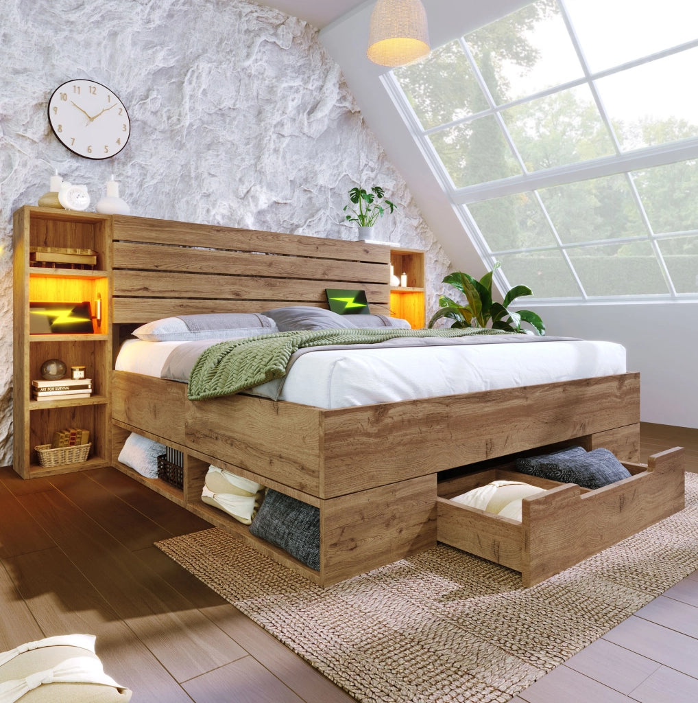 Letto matrimoniale in legno e metallo con LED, USB e contenitore
