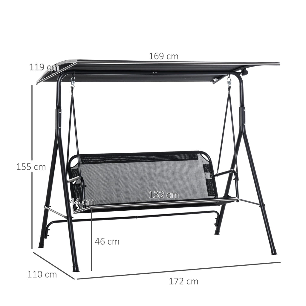 Dondolo 3 Posti da Giardino 172x110x155 cm in Metallo e Textilene Nero
