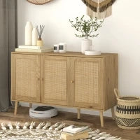 Credenza per Soggiorno Bohémien con Porte in Rattan e Scaffali Regolabili 120x40x75 cm Legno Naturale