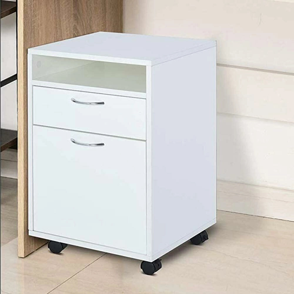 Cassettiera Scrivania Casa Ufficio Legno MDF con Cassetto e Anta 4 Ruote Bianco