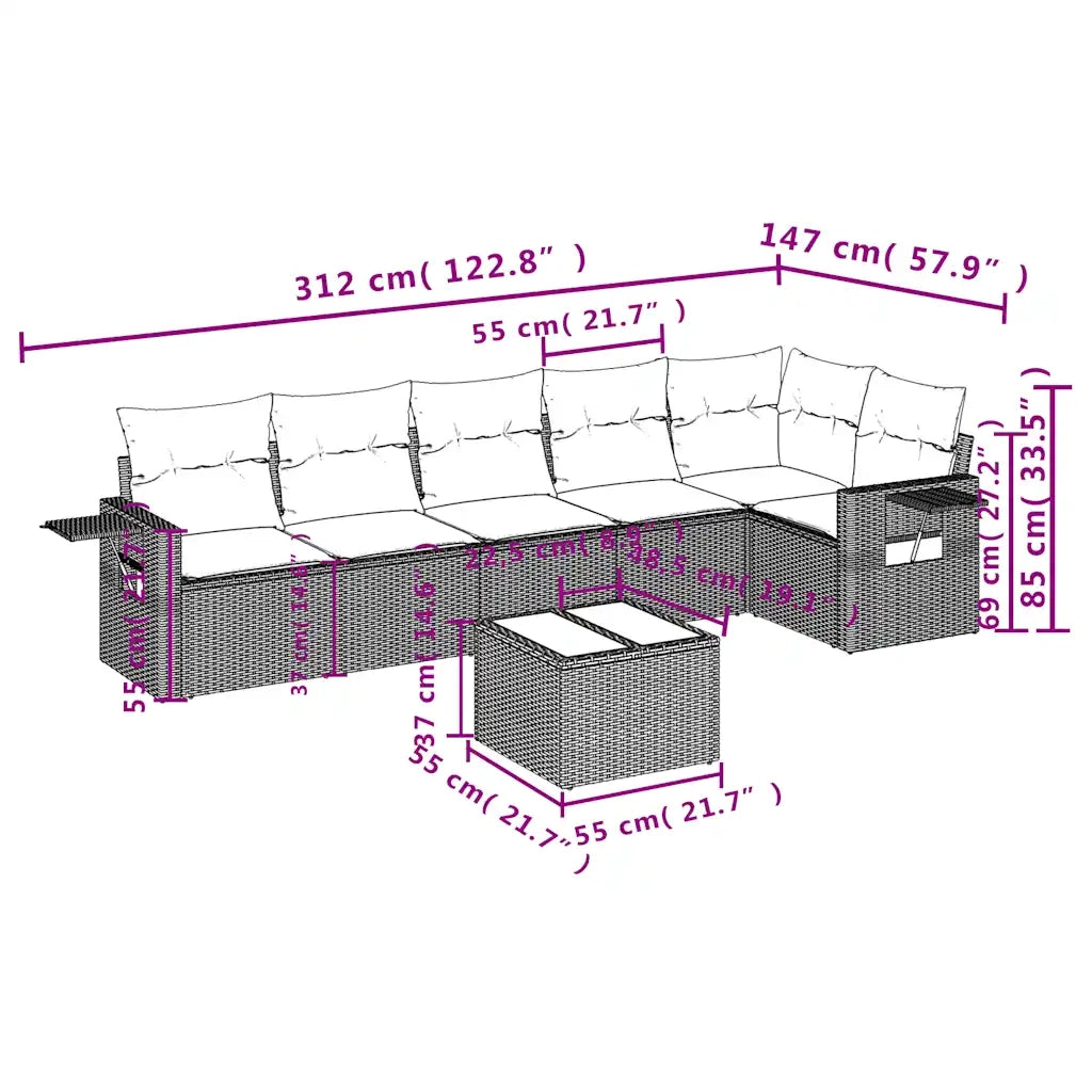 Set Divani da Giardino 7pz con Cuscini Grigio Chiaro Polyrattan