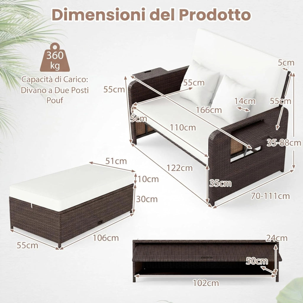 Lettino Prendisole in Rattan, Set 2 Pezzi con Divanetto & Pouf Contenitore, Schienale Regolabile a 4 Livelli e Tavolini Laterali Pieghevoli, Sdraio Doppia per Giardino e Piscina (Bianco)