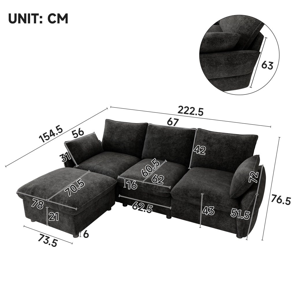 Divano angolare moderno in chenille con ottomana e 2 cuscini, 3 posti, grigio scuro, 222,5 ¡Á 154,5 ¡Á 76,5 cm