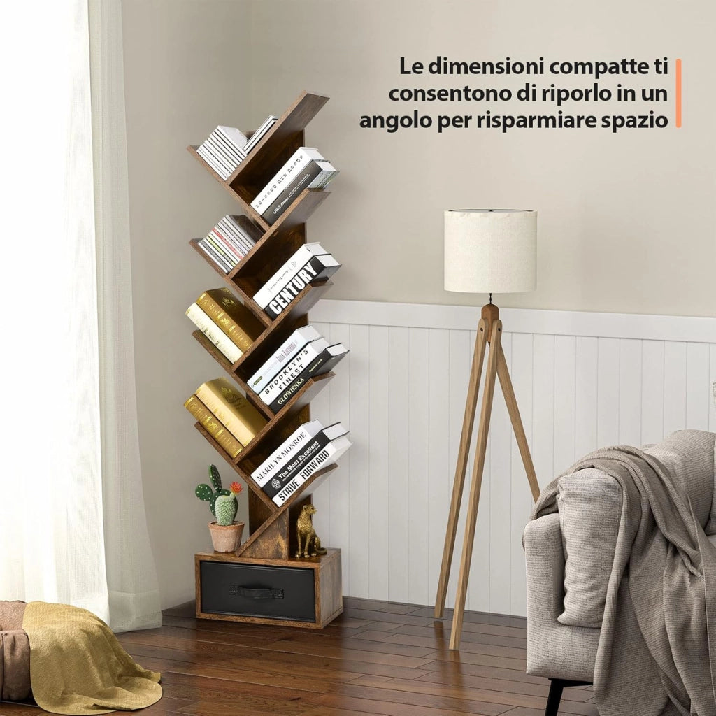 Libreria ad Albero in Legno, Scaffale a 10 Ripiani con Cassetto, Portaoggetti Autoportante per Soggiorno, Studio e Ufficio, 38 x 20 x 150 cm (Marrone)