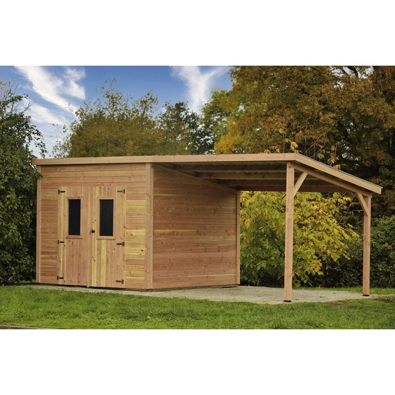 Casetta da giardino in legno 280x280 cm con legnaia – Spessore pareti 28 mm – Tetto piano in acciaio – DAN3030.02B Foresta