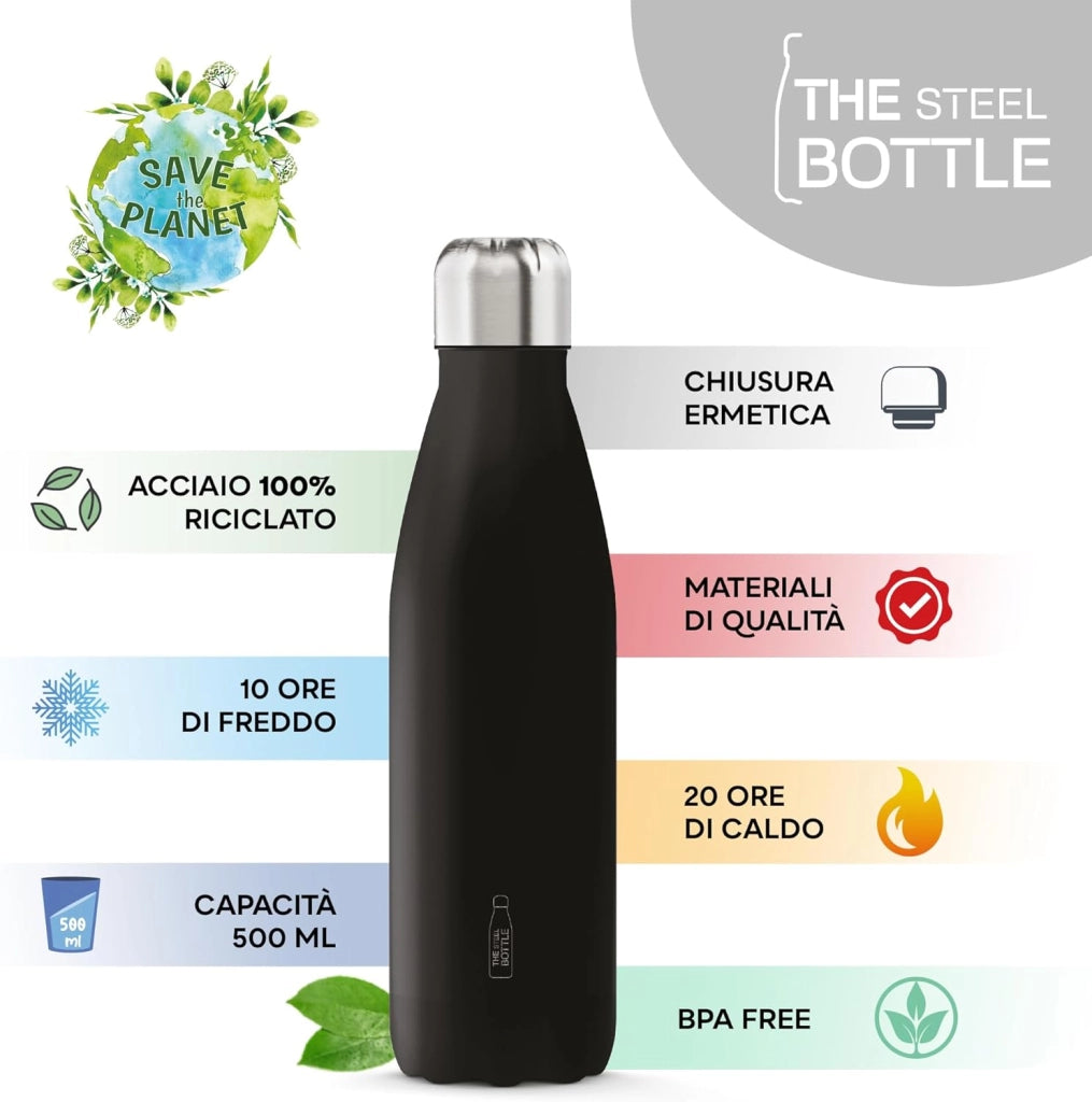 The Steel Bottle Bottiglia termica in Acciaio Inox Capacità 500 ml Chiusura Ermetica - Nero