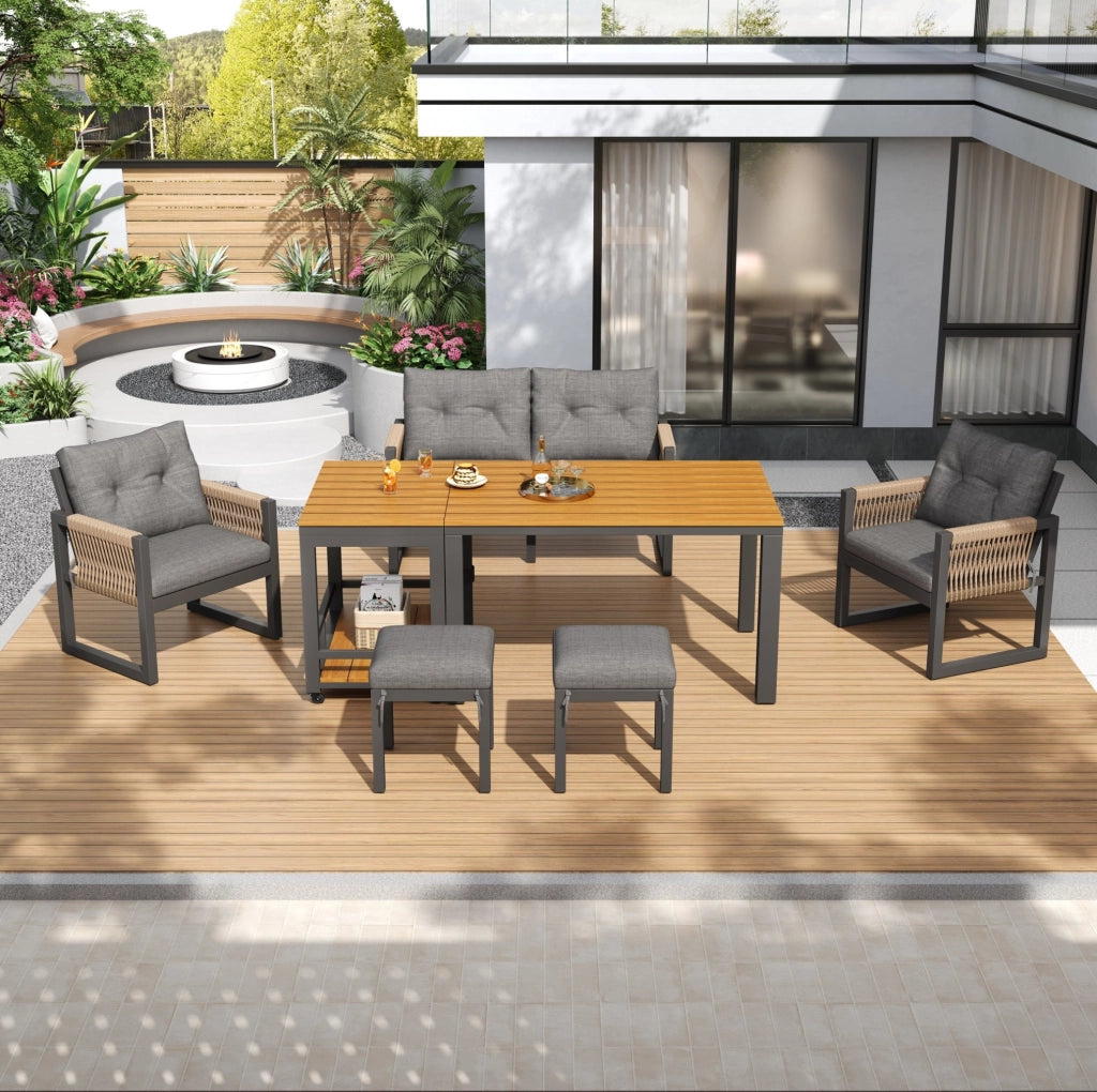 Set da giardino moderno con tavolo removibile; 2 posti; 2 poltrone e 2 pouf; grigio e naturale