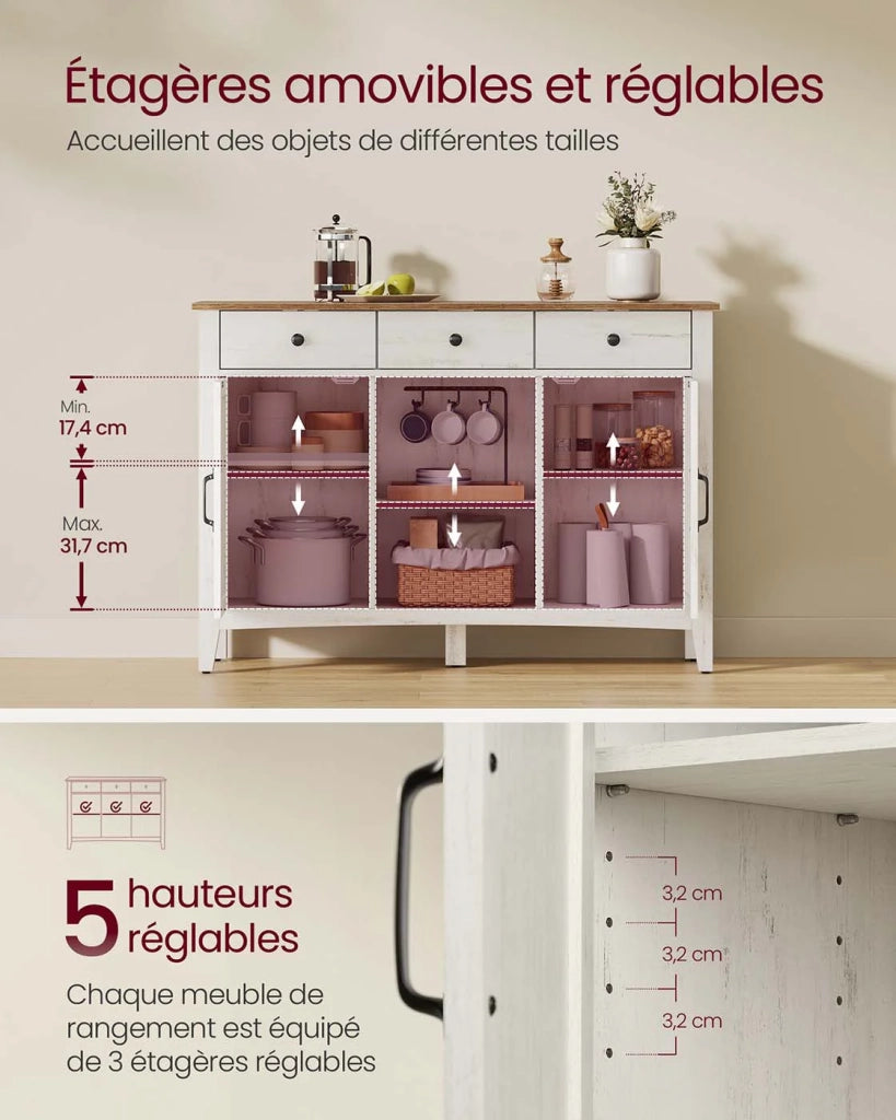 Mobiletto portaoggetti con cassetto mobiletto da cucina con ante ripiano regolabile stile country per soggiorno 40 x 1145 x 80 cm bianco 12_0004542