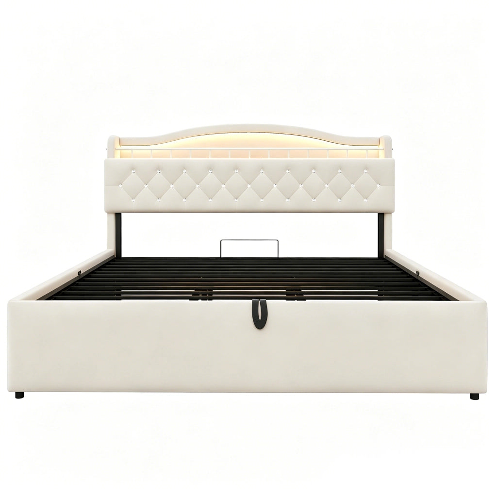 Letto imbottito 180 x 200 cm con contenitore; sollevamento idraulico e LED; beige
