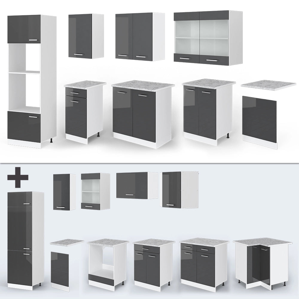 Vicco Cucina componibile Antracite lucido/bianco 300 cm con armadio alto, PL Marmo