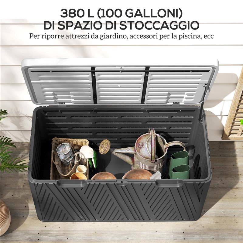 PANCA CONTENITORE 380L IN HDPE CON 2 MANIGLIE LATERALI E LEVA A GAS 115X60X60 CM NERO E GRIGIO