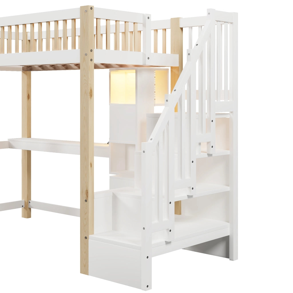 Letto a Soppalco Singolo con LED; Scrivania; Scala Contenitore e Ripiani 90×200 cm; senza Materasso