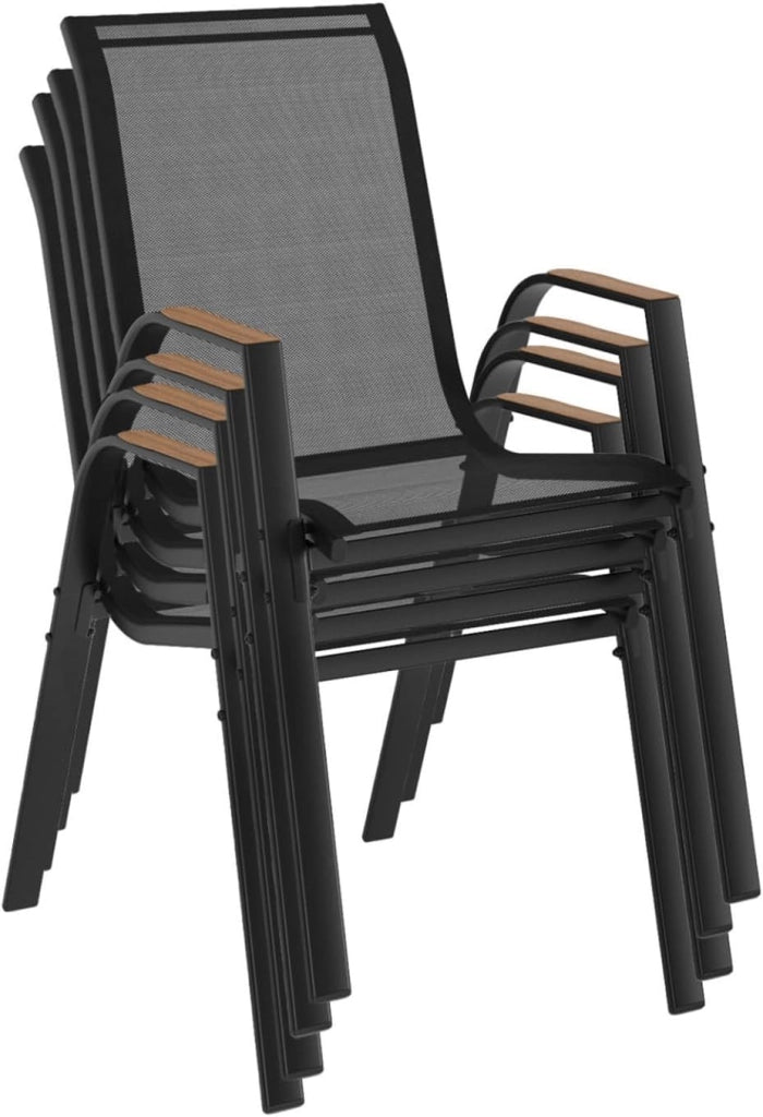 Set di 4 sedie da giardino impilabili NOUMEA in metallo e textilene, nero e legno