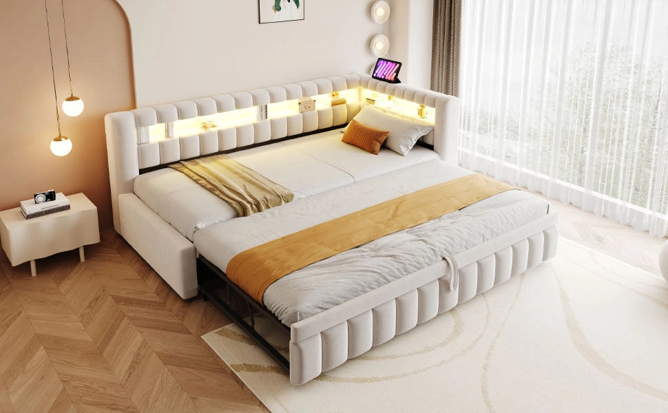 Letto imbottito trasformabile con LED, porte USB e USB-C, 90x200 cm, beige