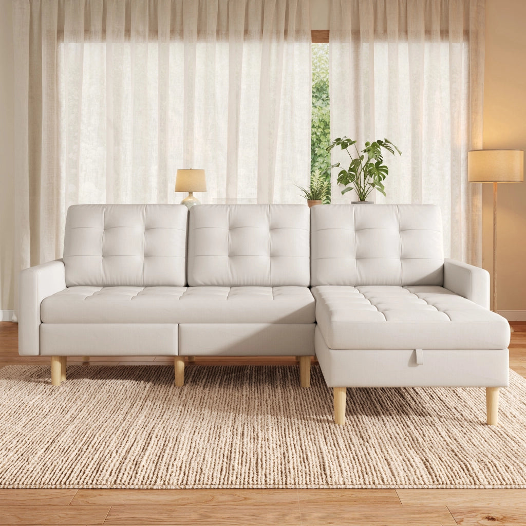 Divano angolare con chaise longue reversibile e doppio spazio contenitore per soggiorno moderno in tessuto beige