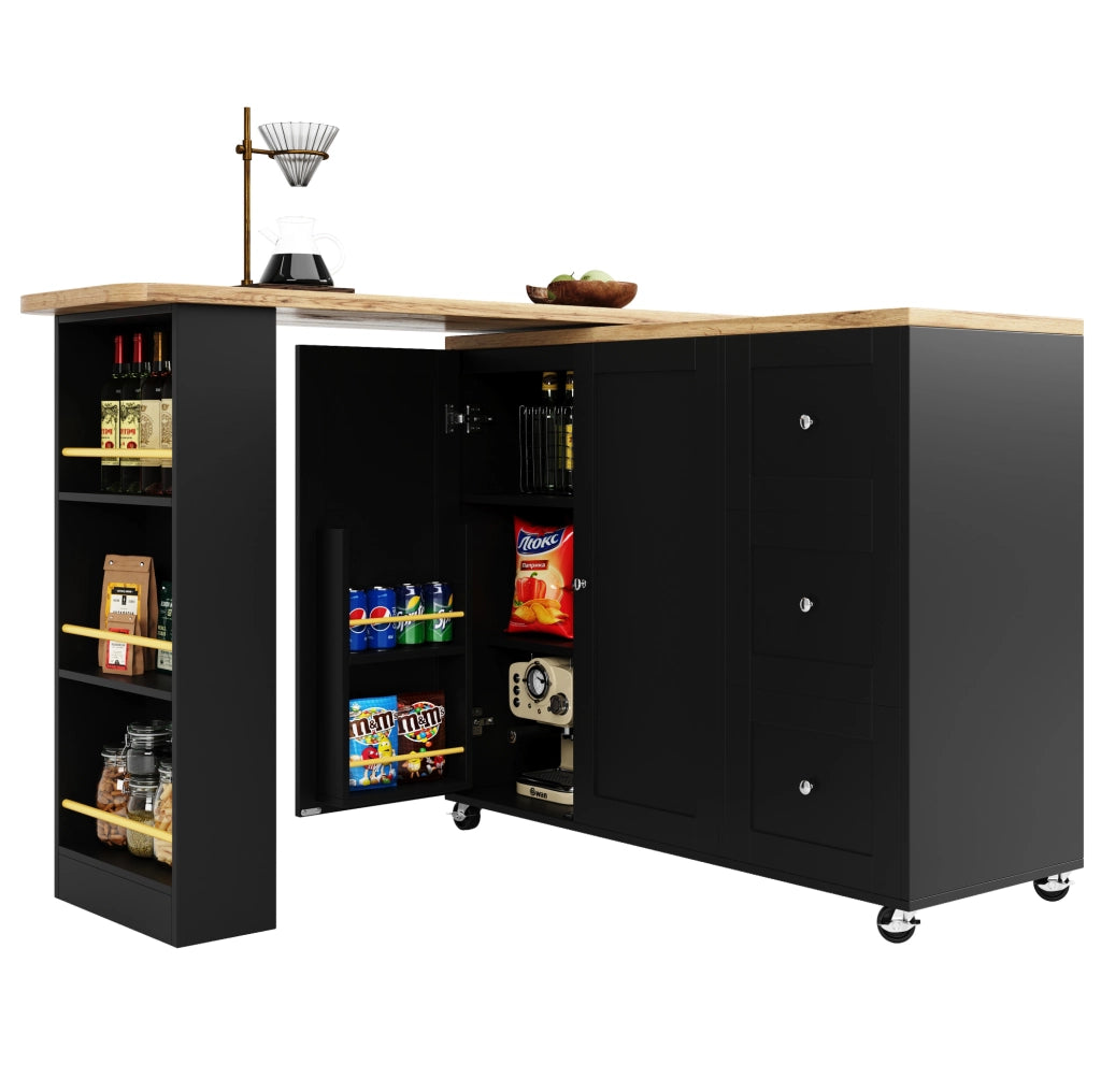 Mobile bar 203x39x106 cm girevole a 360° con ruote; in MDF nero