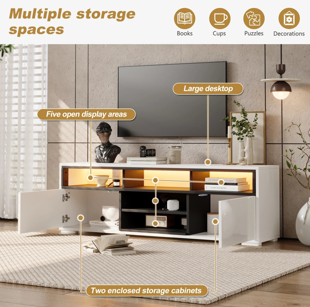 Mobile TV ULEVR 150x35x50 cm con LED USB, 2 ante push-to-open e vani aperti, bianco e nero