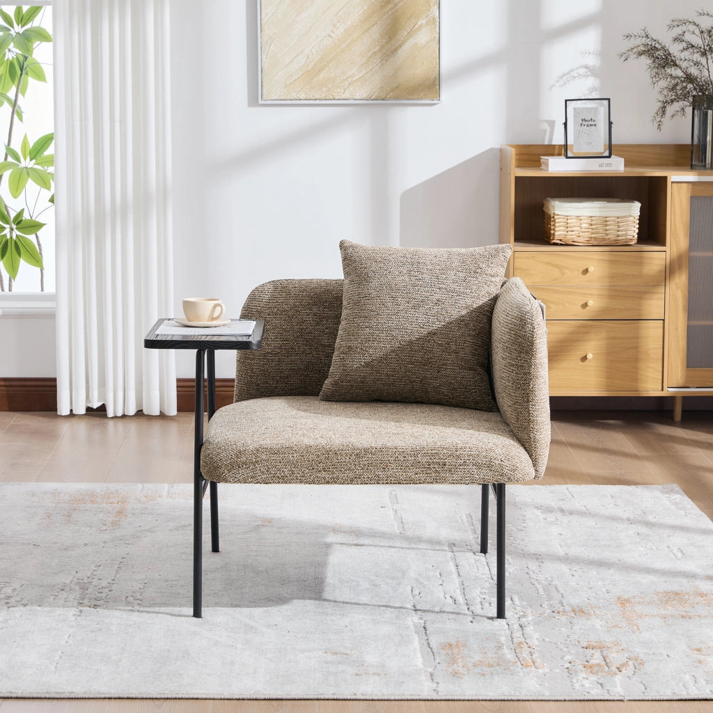 Poltrona moderna in ciniglia con tavolino laterale e tasche portaoggetti, colore khaki