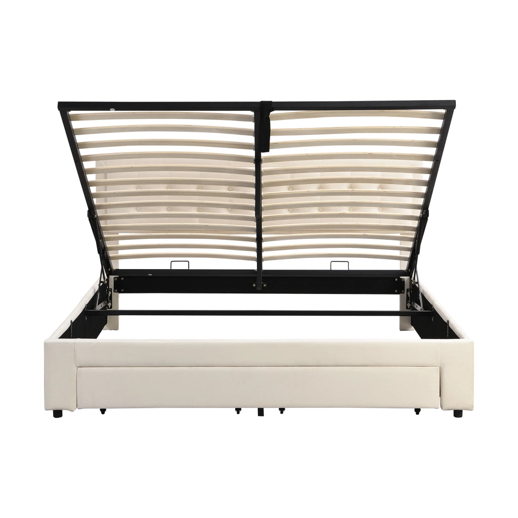 Letto imbottito in velluto beige 180x200 cm con contenitore, testiera regolabile e struttura con 3 piedi in metallo