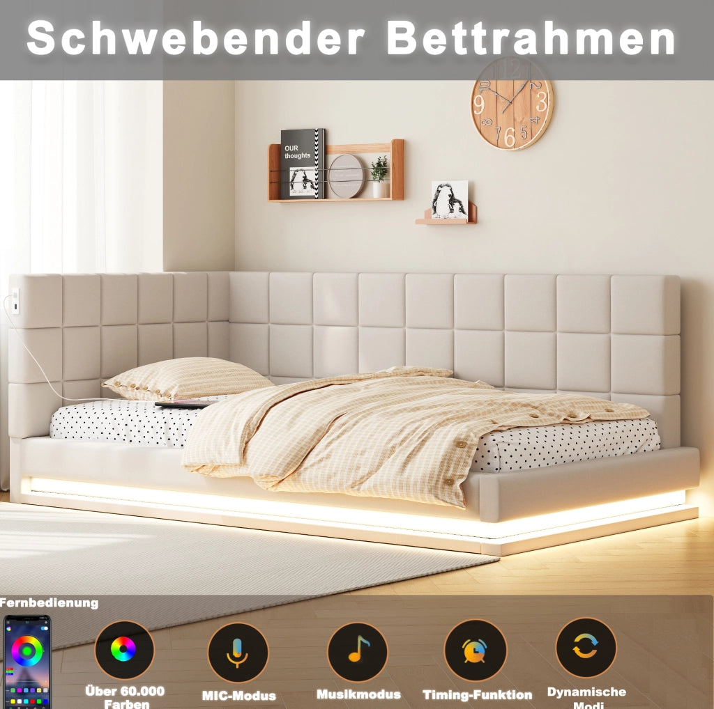 Divano letto imbottito 90x200 cm con LED RGB e presa USB; in tessuto di lino beige