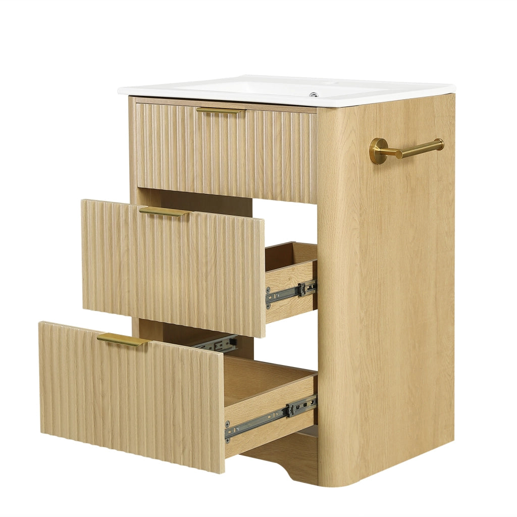 Mobile sottolavabo con lavabo in ceramica, 2 cassetti e portarotolo reversibile, per bagno, in MDF, naturale, 61 × 47 × 82 cm