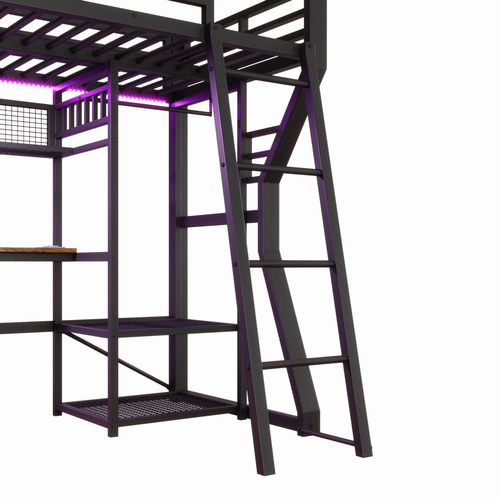 DESMIU Letto a soppalco singolo 90 × 200 cm con scrivania, presa, luce regolabile e ripiani, senza materasso