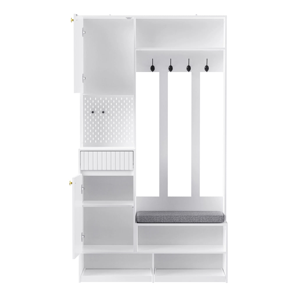 Set di mobili da ingresso con panca imbottita, 4 ganci, armadio e cassetti, MDF bianco
