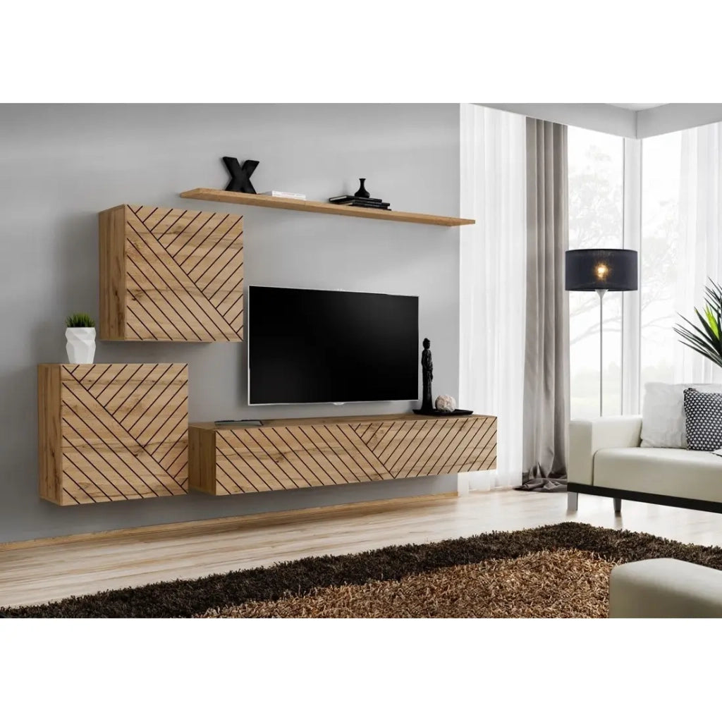 Set di mobili da soggiorno design SWITCH V, colore quercia wotan con finiture fresate.
