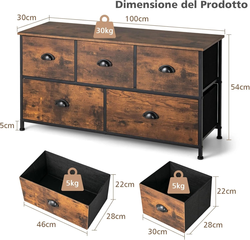 Cassettiera in Tessuto a 5 Cassetti, Cassettiera con Cassetti Rimovibili e Pieghevoli e Telaio in Acciaio, per Camera da Letto, Soggiorno, Corridoio, 100 x 30 x 54 cm