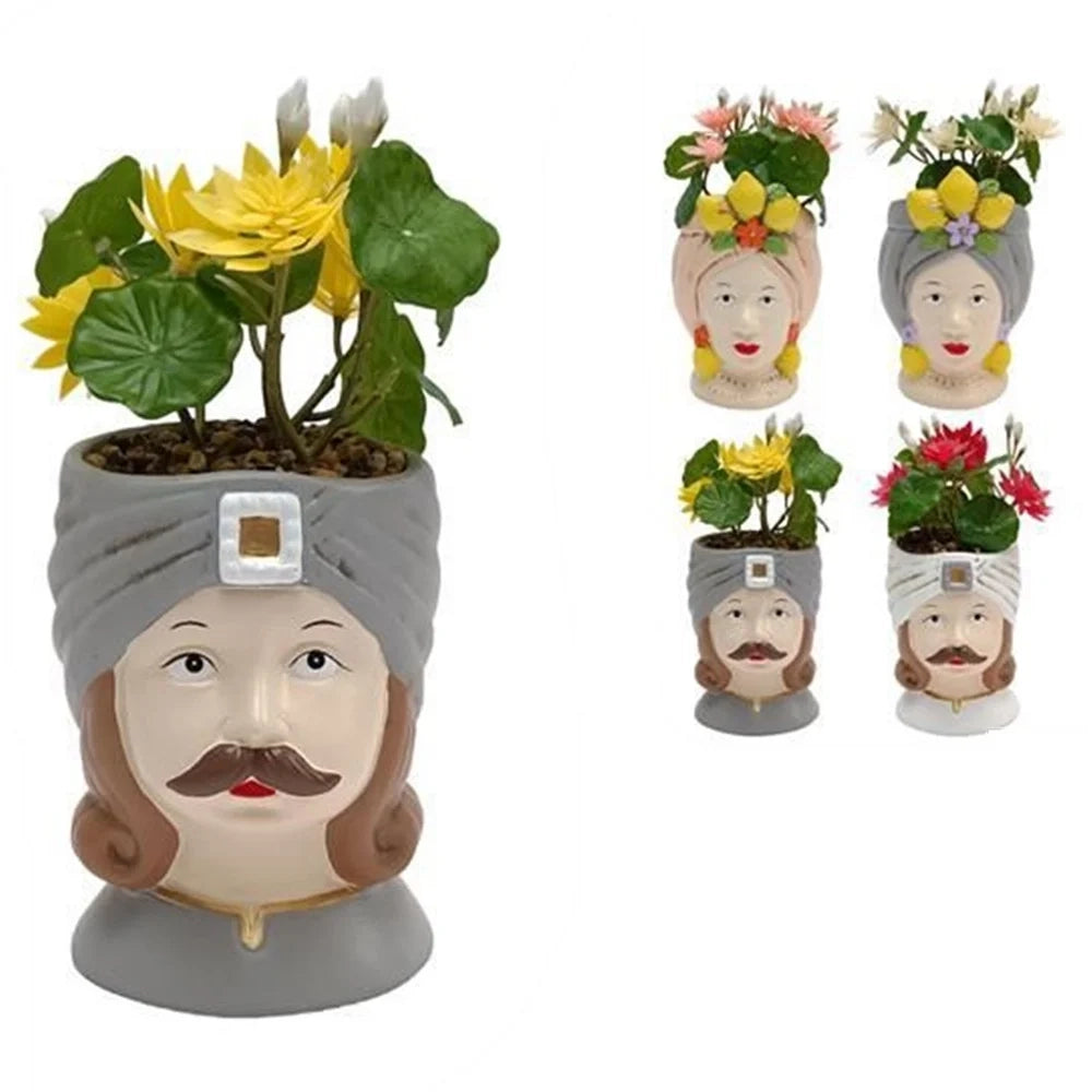 Trade Shop - Vaso Di Fiori Forma Di Testa Moro Statuetta Decorativa Con Pianta Grassa 23cm 4ass. 660560 -