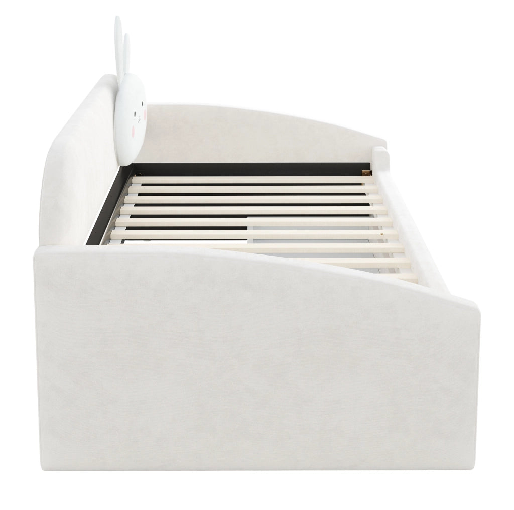 Letto per bambini 90x200 cm con 2 cassetti e LED; rivestito in velluto beige