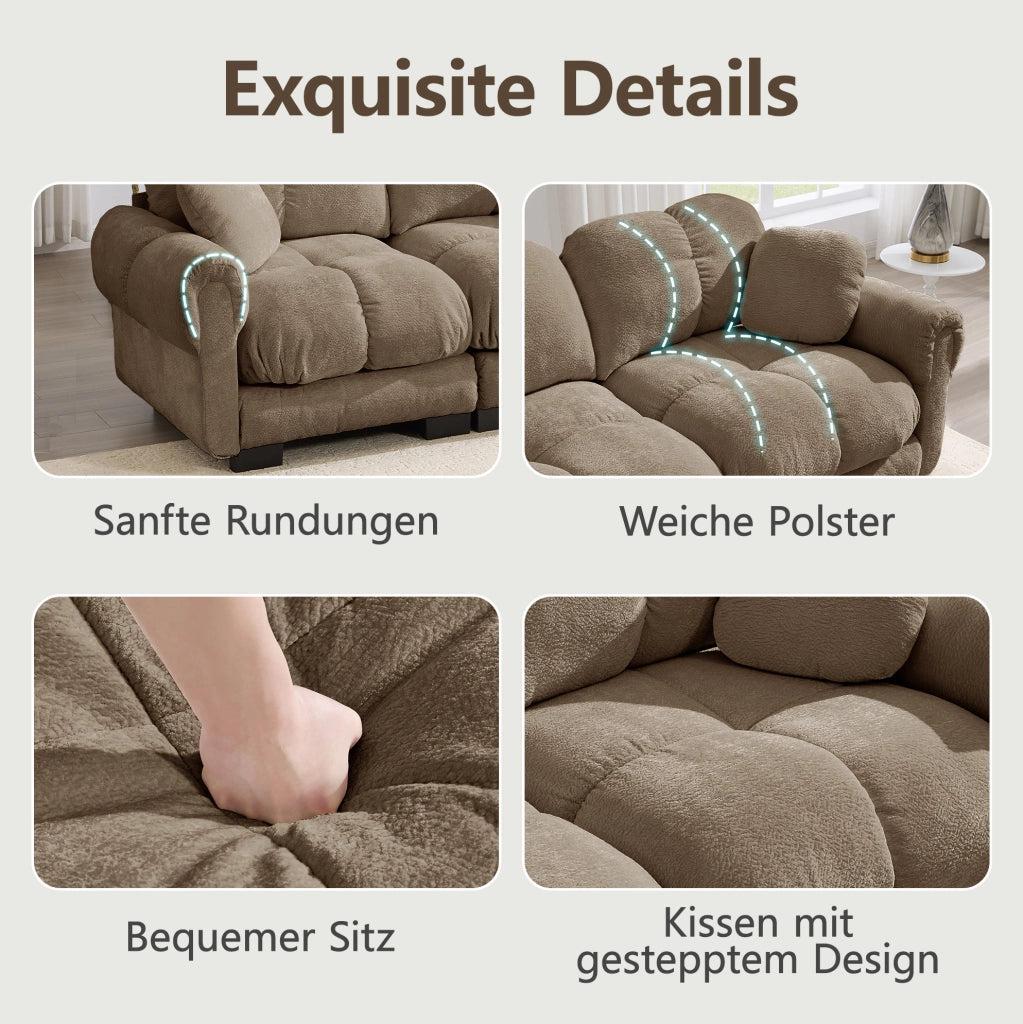 Divano marrone in tessuto Chenille con cuscini imbottiti e schienale ergonomico 330x86x90 cm