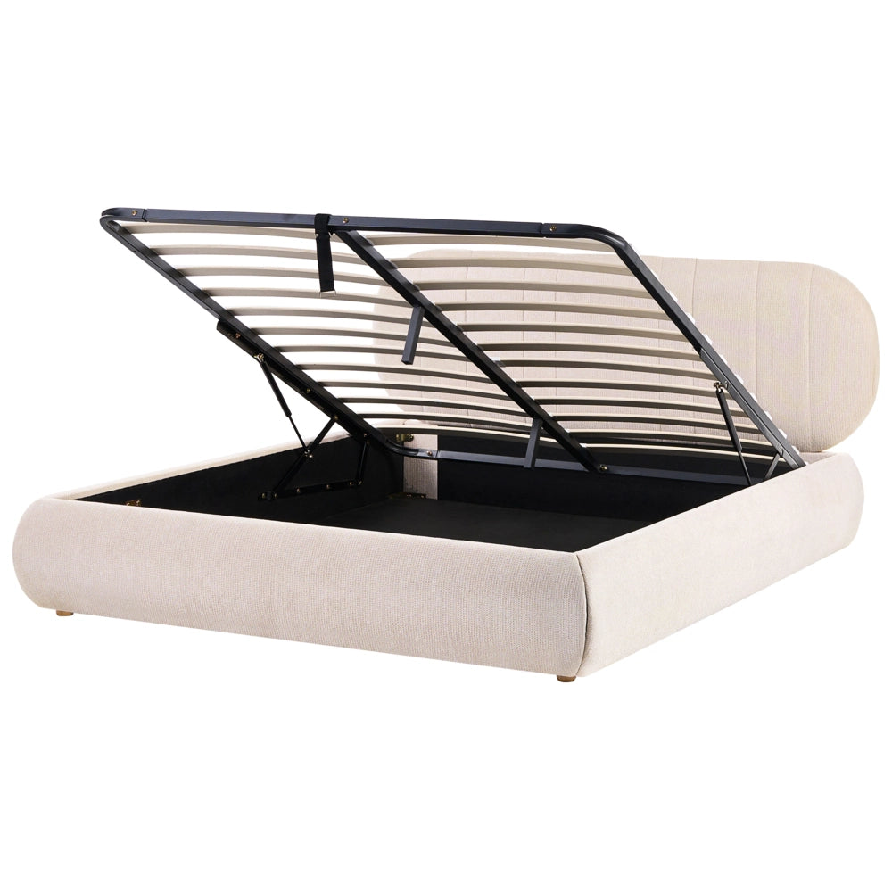 Letto matrimoniale imbottito con struttura a molle a sollevamento trapuntato 160 x 200 beige chiaro e contenitore sollevabile